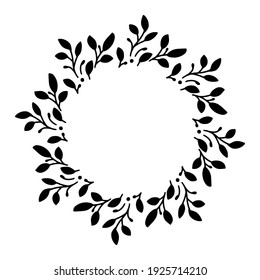 Vector hand drawn spring wreath isolated on white background. Silhouette circle of leaves. Doodle style. Floral frame.