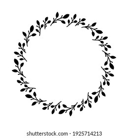 Vector hand drawn spring wreath isolated on white background. Silhouette circle of leaves. Doodle style. Floral frame.