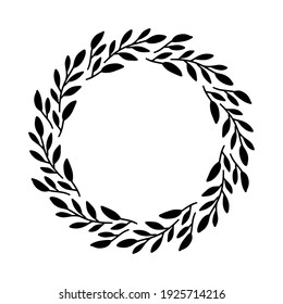 Vector hand drawn spring wreath isolated on white background. Silhouette circle of leaves. Doodle style. Floral frame.