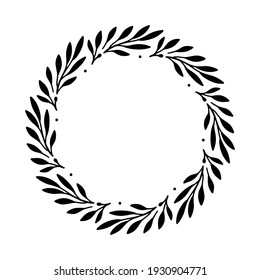 Vector hand drawn spring wreath isolated on white background. Silhouette circle of leaves. Doodle style. Floral frame.