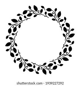 La corona elástica dibujada a mano del vector aislada sobre fondo blanco. Círculo de silueta de hojas. Estilo Doodle. Marco floral.