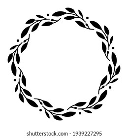 Vector hand drawn spring wreath isolated on white background. Silhouette circle of leaves. Doodle style. Floral frame.
