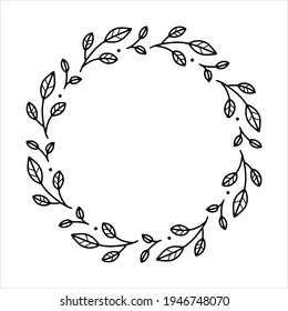 La corona elástica dibujada a mano del vector aislada sobre fondo blanco. Contorno de círculo de hojas. Estilo Doodle. Marco floral.