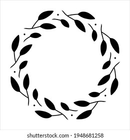 Vector hand drawn spring wreath isolated on white background. Silhouette circle of leaves. Doodle style. Floral frame.