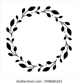 La corona elástica dibujada a mano del vector aislada sobre fondo blanco. Círculo de silueta de hojas. Estilo Doodle. Marco floral.