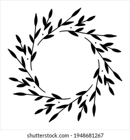 Vector hand drawn spring wreath isolated on white background. Silhouette circle of leaves. Doodle style. Floral frame.