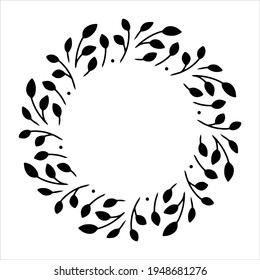 Vektor, handgezeichnet, Feder-Kranz einzeln auf weißem Hintergrund. Silhouette Kreis von Blättern. Doodle-Stil. Blumenrahmen.
