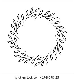 Vector hand drawn spring wreath isolated on white background. Outline circle of leaves. Doodle style. Floral frame.