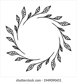 Vector hand drawn spring wreath isolated on white background. Outline circle of leaves. Doodle style. Floral frame.