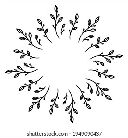 Vector hand drawn spring wreath isolated on white background. Outline circle of leaves. Doodle style. Floral frame.