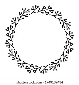 Vector hand drawn spring wreath isolated on white background. Outline circle of leaves. Doodle style. Floral frame.