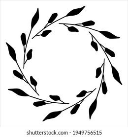 Vector hand drawn spring wreath isolated on white background. Silhouette circle of leaves. Doodle style. Floral frame.