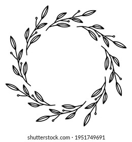 Vector hand drawn spring wreath isolated on white background. Outline circle of leaves. Doodle style. Floral frame.