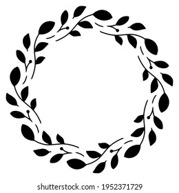 Vector hand drawn spring wreath isolated on white background. Silhouette circle of leaves. Doodle style. Floral frame.