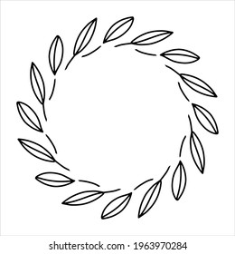 Vector hand drawn spring wreath isolated on white background. Outline circle of leaves. Doodle style. Floral frame.