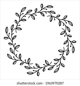 Vector hand drawn spring wreath isolated on white background. Outline circle of leaves. Doodle style. Floral frame.
