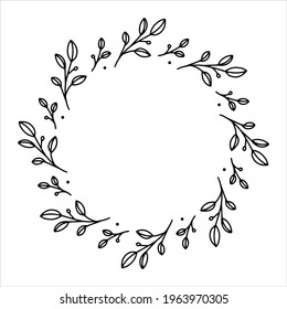 Vector hand drawn spring wreath isolated on white background. Outline circle of leaves. Doodle style. Floral frame.