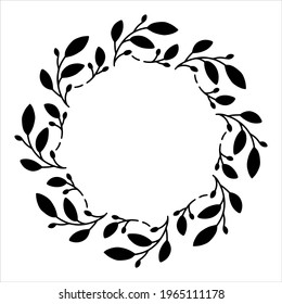 Vector hand drawn spring wreath isolated on white background. Silhouette circle of leaves. Doodle style. Floral frame.