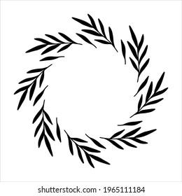 Vector hand drawn spring wreath isolated on white background. Silhouette circle of leaves. Doodle style. Floral frame.
