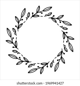 Vector hand drawn spring wreath isolated on white background. Outline circle of leaves. Doodle style. Floral frame.
