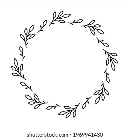 Vector hand drawn spring wreath isolated on white background. Outline circle of leaves. Doodle style. Floral frame.
