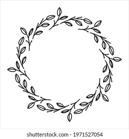 Vector hand drawn spring wreath isolated on white background. Outline circle of leaves. Doodle style. Floral frame.