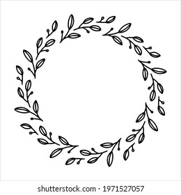 Vector hand drawn spring wreath isolated on white background. Outline circle of leaves. Doodle style. Floral frame.
