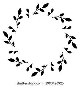 Vector hand drawn spring wreath isolated on white background. Silhouette circle of leaves. Doodle style. Floral frame.