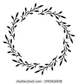 Vector hand drawn spring wreath isolated on white background. Silhouette circle of leaves. Doodle style. Floral frame.