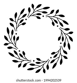 La corona elástica dibujada a mano del vector aislada sobre fondo blanco. Círculo de silueta de hojas. Estilo Doodle. Marco floral.