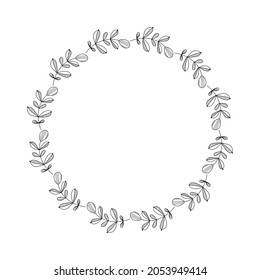 Vector hand drawn spring wreath isolated on white background. Silhouette circle of leaves. Doodle style. Floral frame.
