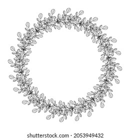 Vector hand drawn spring wreath isolated on white background. Silhouette circle of leaves. Doodle style. Floral frame.
