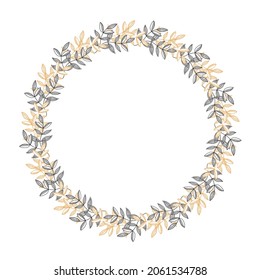 Vector hand drawn spring wreath isolated on white background. Silhouette circle of leaves. Doodle style. Floral frame.
