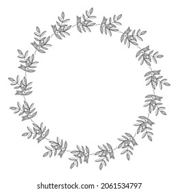Vector hand drawn spring wreath isolated on white background. Silhouette circle of leaves. Doodle style. Floral frame.
