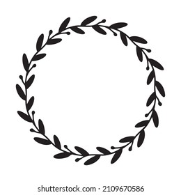 Vector hand drawn spring wreath isolated on white background. Silhouette circle of leaves. Doodle style. Floral frame.