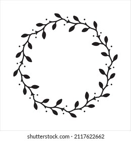 Vector hand drawn spring wreath isolated on white background. Outline circle of leaves. Doodle style. Floral frame.