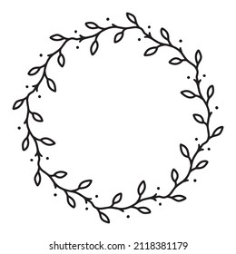 Vector hand drawn spring wreath isolated on white background. Outline circle of leaves. Doodle style. Floral frame.