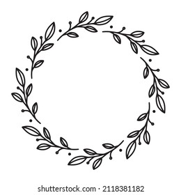 La corona elástica dibujada a mano del vector aislada sobre fondo blanco. Contorno de círculo de hojas. Estilo Doodle. Marco floral.
