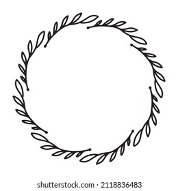 Vector hand drawn spring wreath isolated on white background. Outline circle of leaves. Doodle style. Floral frame.