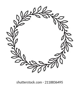 Vector hand drawn spring wreath isolated on white background. Outline circle of leaves. Doodle style. Floral frame.