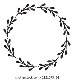 Vector hand drawn spring wreath isolated on white background. Outline circle of leaves. Doodle style. Floral frame.