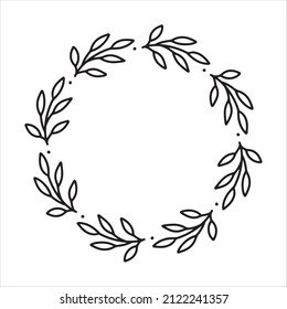Vector hand drawn spring wreath isolated on white background. Outline frame with leaves. Doodle style. Floral frame. Monogram