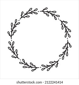 La corona elástica dibujada a mano del vector aislada sobre fondo blanco. Marco de esquema con hojas. Estilo Doodle. Marco floral. Monograma
