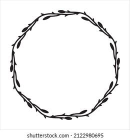 Vector hand drawn spring wreath isolated on white background. Silhouette circle of leaves. Doodle style. Floral frame.