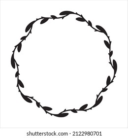 Vector hand drawn spring wreath isolated on white background. Silhouette circle of leaves. Doodle style. Floral frame.