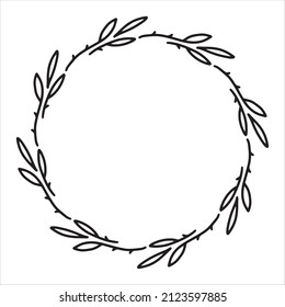 Vector hand drawn spring wreath isolated on white background. Outline circle of leaves. Doodle style. Floral frame.