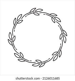 Vector hand drawn spring wreath isolated on white background. Outline circle of leaves. Doodle style. Floral monogram frame.