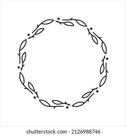 Vector hand drawn spring wreath isolated on white background. Outline circle of leaves. Doodle style. Floral monogram frame.