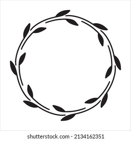 Vector hand drawn spring wreath isolated on white background. Silhouette circle of leaves. Doodle style. Floral monogram frame.