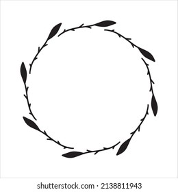Vector hand drawn spring wreath isolated on white background. Silhouette circle of leaves. Doodle style. Floral monogram frame.